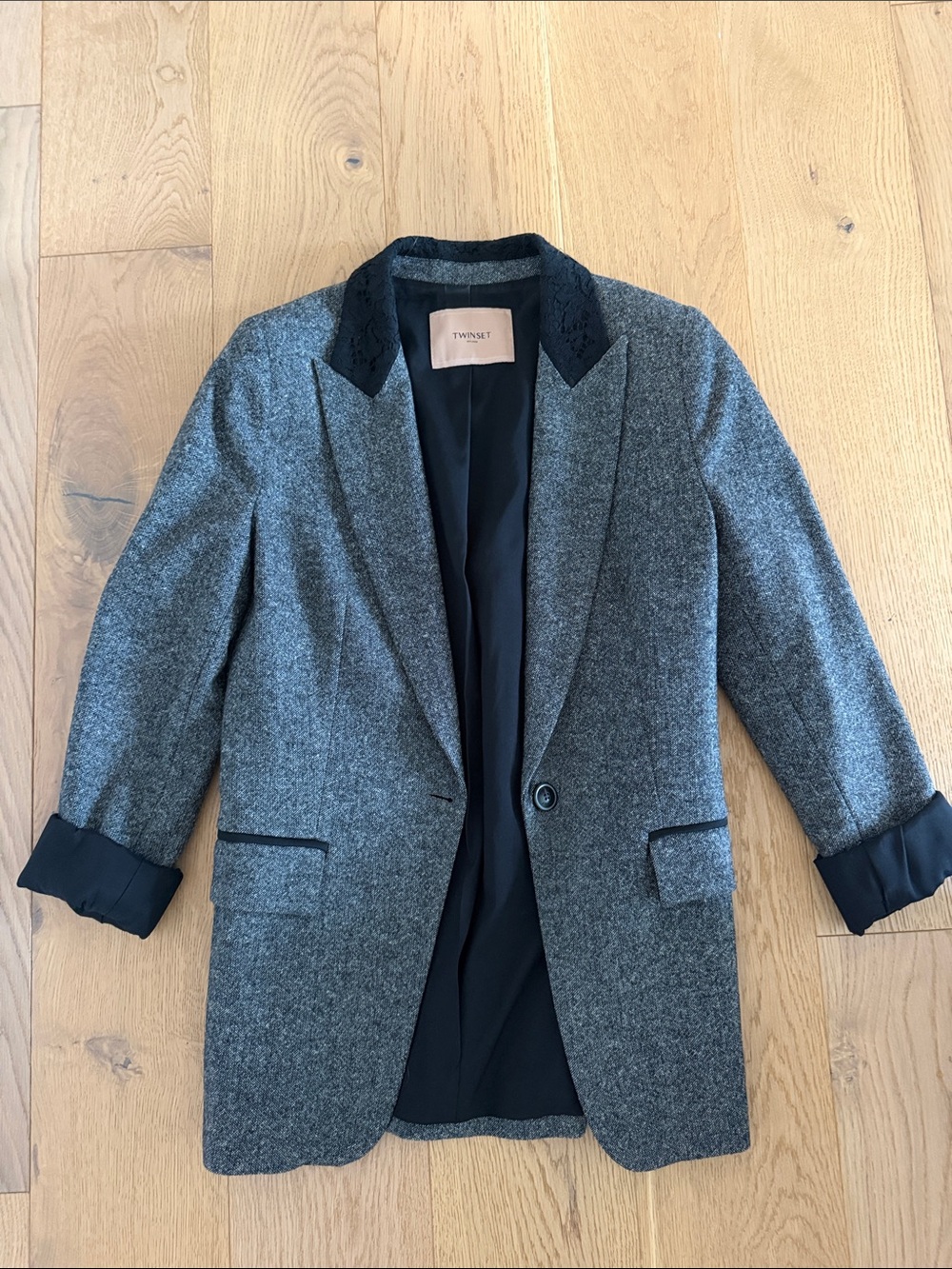Twin-Set Gray Wool-Blend Pea Coat with Black Trim